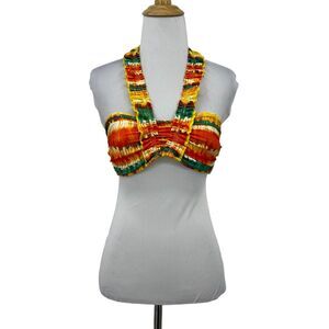 Becca Halter Bikini Top Womens M Medium Orange Green Tie Dye Ruffle Tie Neck